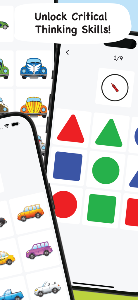 Brain Boost: Mental Up for Kid - A mobile app interface for kids featuring logic puzzles with geometric shapes and colorful toy cars.