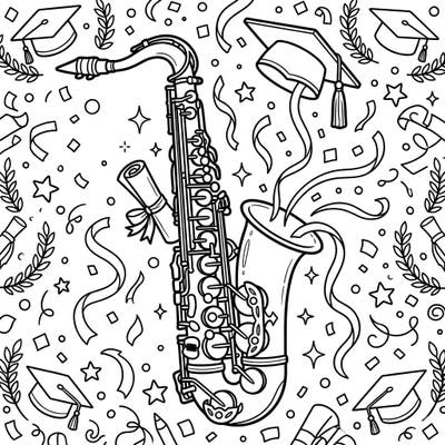 Strike a celebratory note with this unique saxophone coloring page, perfect for honoring a graduation! It’s adorned with academic symbols and surrounded by festive cheer, ready for your creative touch.
