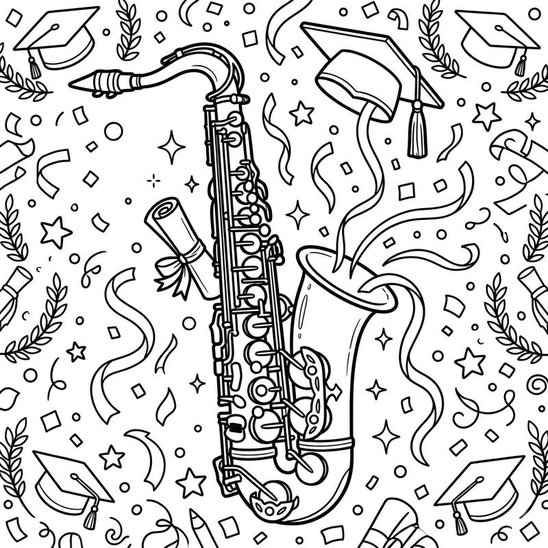 Strike a celebratory note with this unique saxophone coloring page, perfect for honoring a graduation! It’s adorned with academic symbols and surrounded by festive cheer, ready for your creative touch.