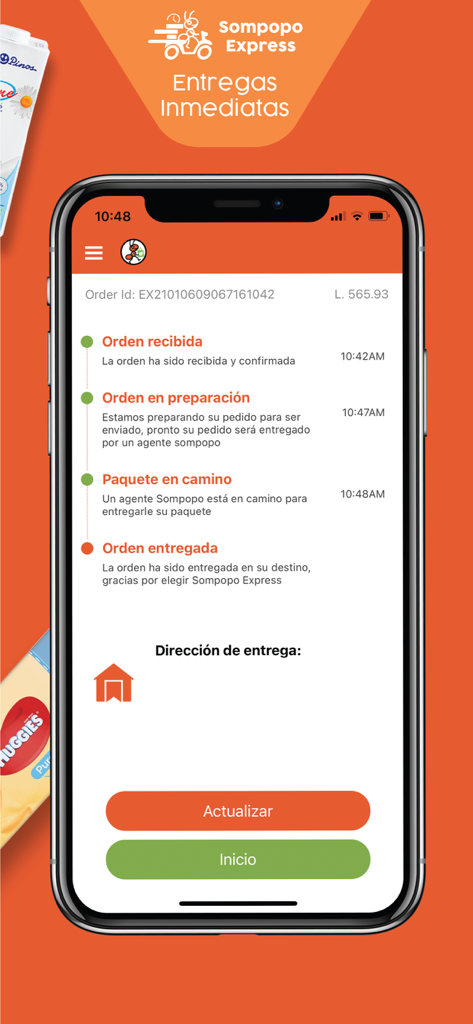 Mobile Ansicht der Sompopo Express App, die den Bestellfortschritt von der Vorbereitung bis zur Lieferung zeigt