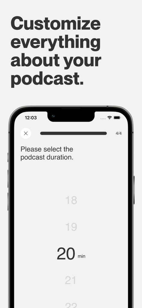 Castify — Generate AI Podcasts - Interface showing the option to select a specific duration for an AI generated podcast
