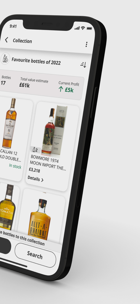 Bevvy - Mobile app screen showing a whisky bottle collection with market value and profit insights