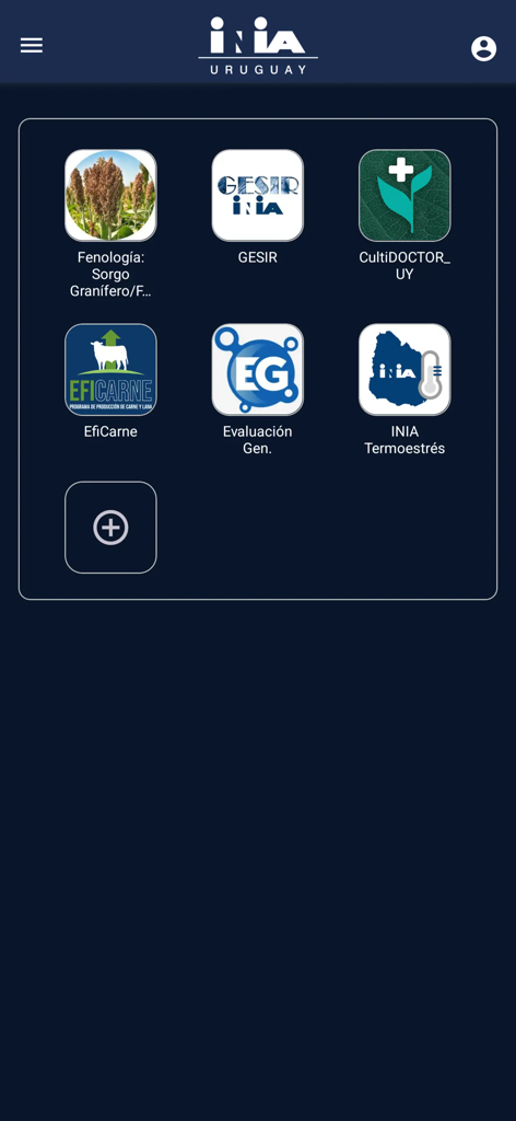INIA móvil - Panel de control de la app INIA movil mostrando varios iconos de herramientas agrícolas como EfiCarne e INIA Termoestres.