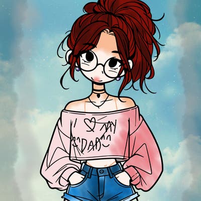 girl with a messy ponytail glasses a baggy crop top and jean shorts