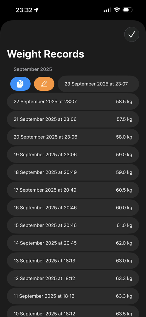 EasyWeight app screen showing a list of daily weight records