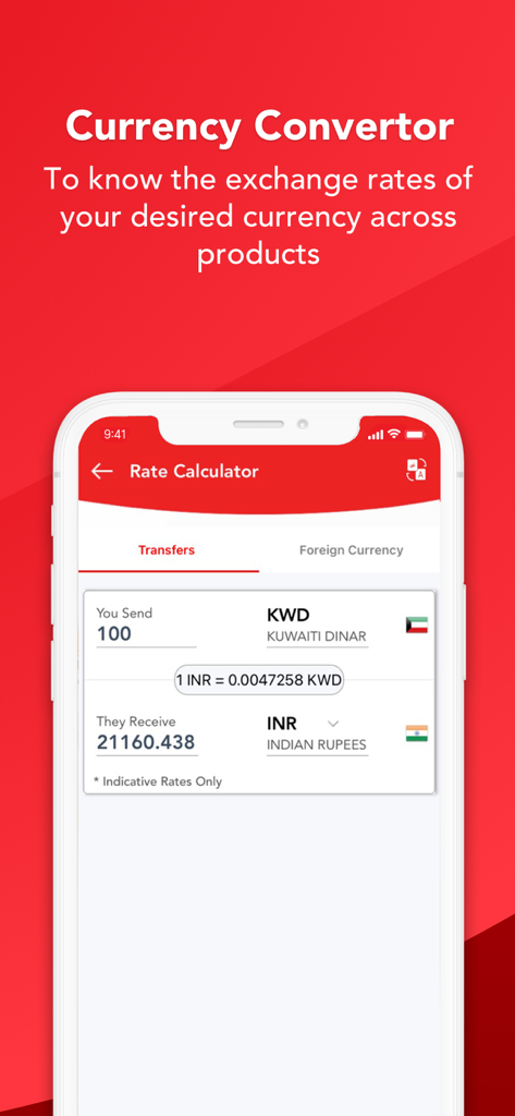 Al Muzaini app currency converter interface showing the exchange rate from Kuwaiti Dinar to Indian Rupees.
