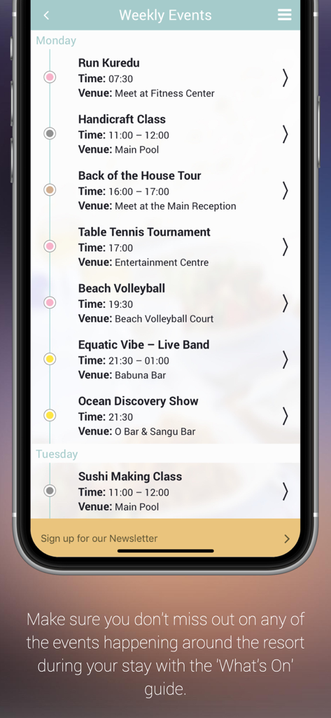 Kuredu Maldives - クレドゥ・モルディブアプリの毎週のリゾートイベントとアクティビティスケジュールを示すモバイル画面。