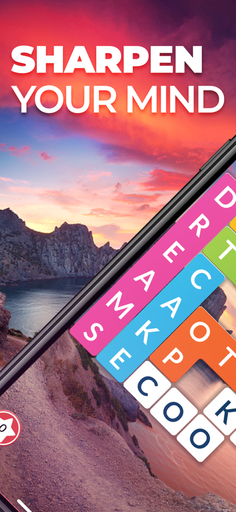 Wordscapes Shapes - Wordscapes Shapes mobile app screen displaying the text Sharpen Your Mind over a scenic nature background.