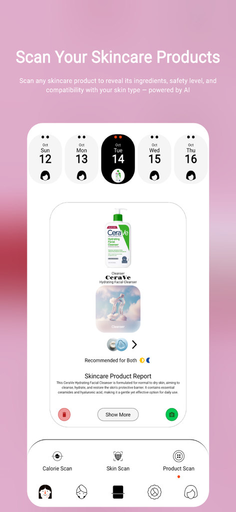Oberfläche der Acnetic-App, die einen Hautpflegeprodukt-Scanbericht mit KI-Analyse von Inhaltsstoffen und Kompatibilität anzeigt.