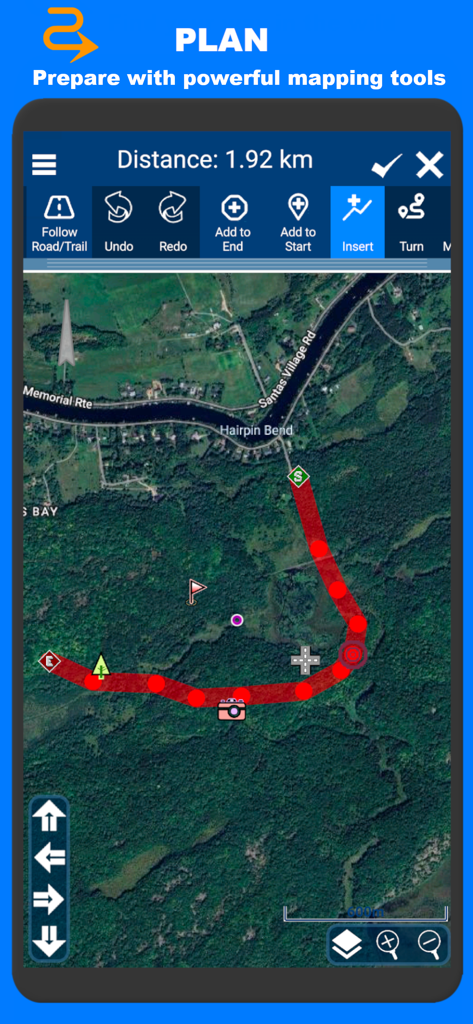 PathAway Outdoor Navigation - PathAway app screenshot showing satellite map route planning with distance measurement and editing tools