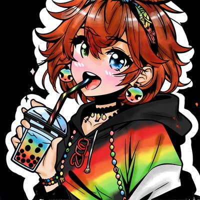 hot baddie anime girl drinking boba and biting the straw
