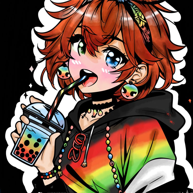 hot baddie anime girl drinking boba and biting the straw