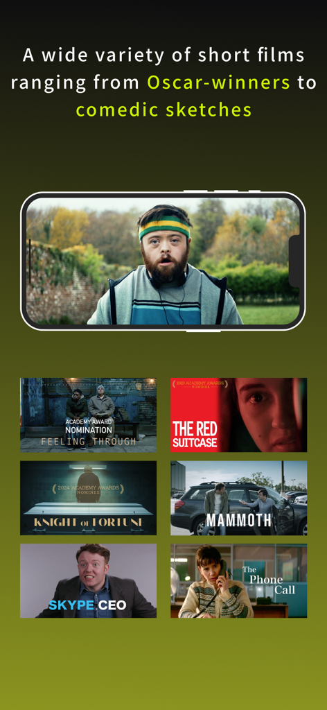 Eine Sammlung von Postern preisgekrönter Kurzfilme und ein Videoplayer in der SAMANSA-App-Oberfläche.