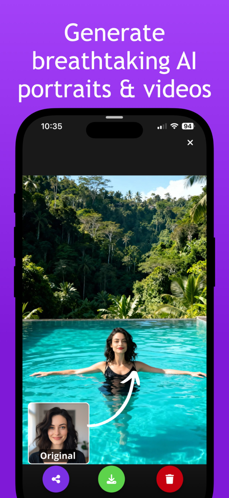 Selfie AI: AI Photo Generator - A screenshot of the Selfie AI app interface showing an AI generated portrait in a tropical setting