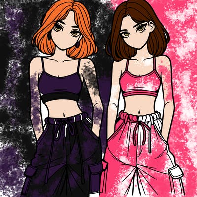 two girls with crop top with baggy pants