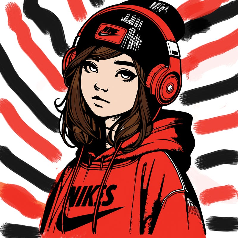 realistic girl wearing a hoodie and a beanie and headphones and nikes