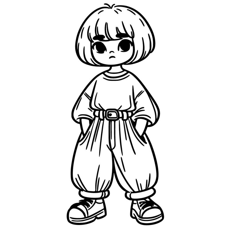 girl in baggy top and pants and short hair