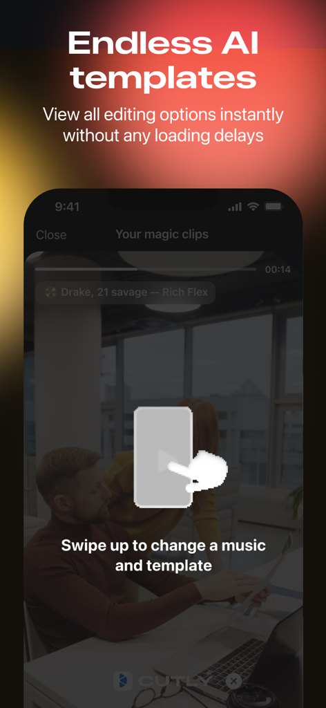 Reels Templates & Maker: CutLy - Mobile screen showing AI video templates with a swipe gesture to change music and styles