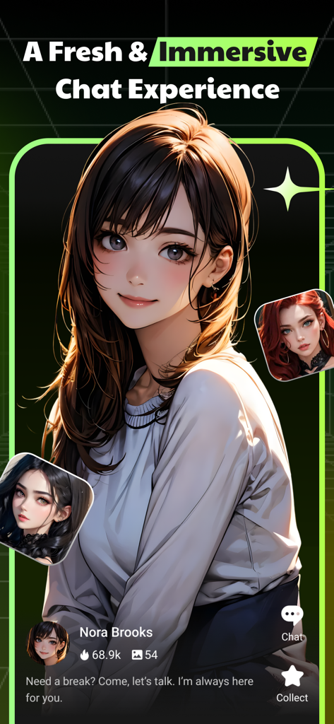SayHi: Chat Now - A screenshot of the SayHi app interface featuring an anime-style AI character named Nora Brooks