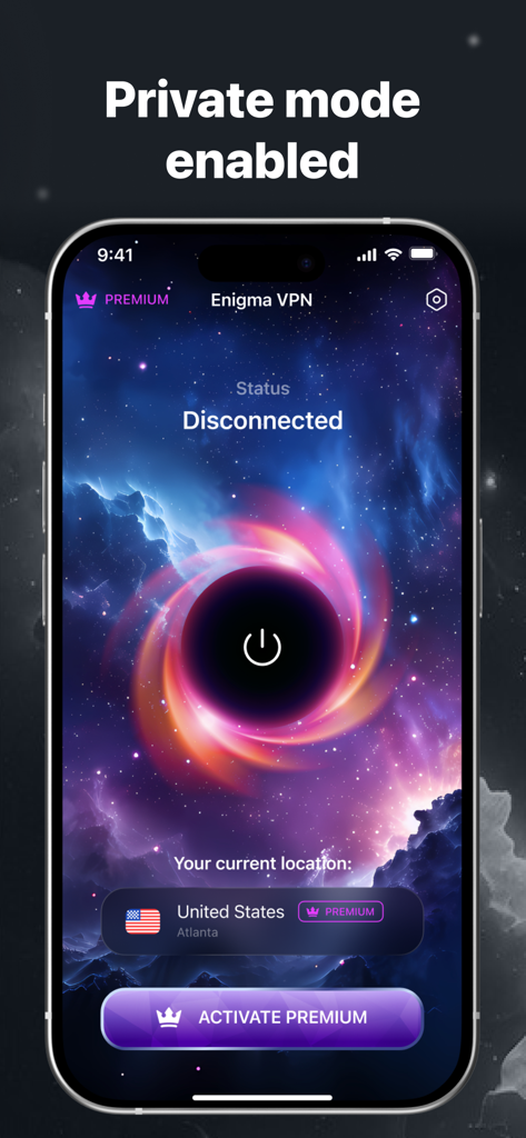 Enigma VPN – Secure & Fast - Interface de l'application mobile Enigma VPN sur iPhone avec un arrière-plan cosmique et un bouton de connexion en un clic