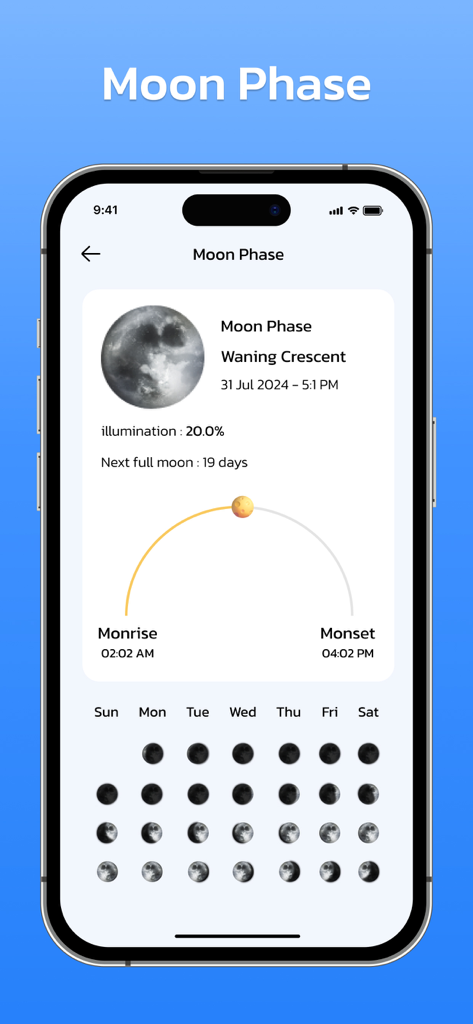 Moon phase tracking screen showing waning crescent details illumination percentage and moonrise times