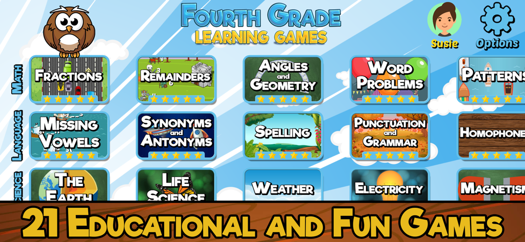 Fourth Grade Learning Games - Main menu of Fourth Grade Learning Games app showcasing educational subjects like Math Language and Science.
