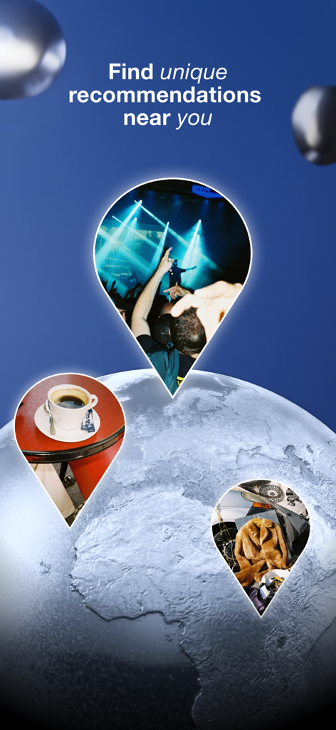 A globe with location pins showing lifestyle images and the text Find unique recommendations near you