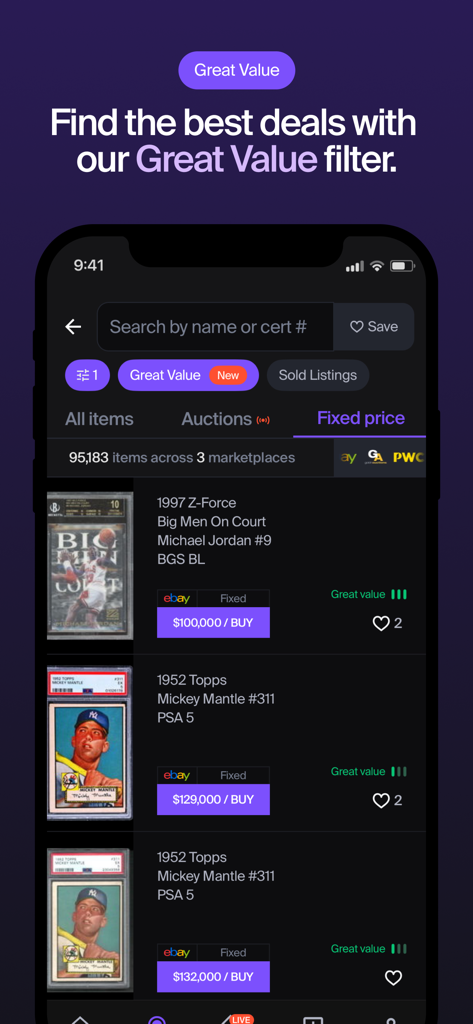 Alt: Buy & Sell Cards - Pantalla del mercado de la aplicación Alt que muestra cromos de alto valor con el filtro de Gran Valor aplicado