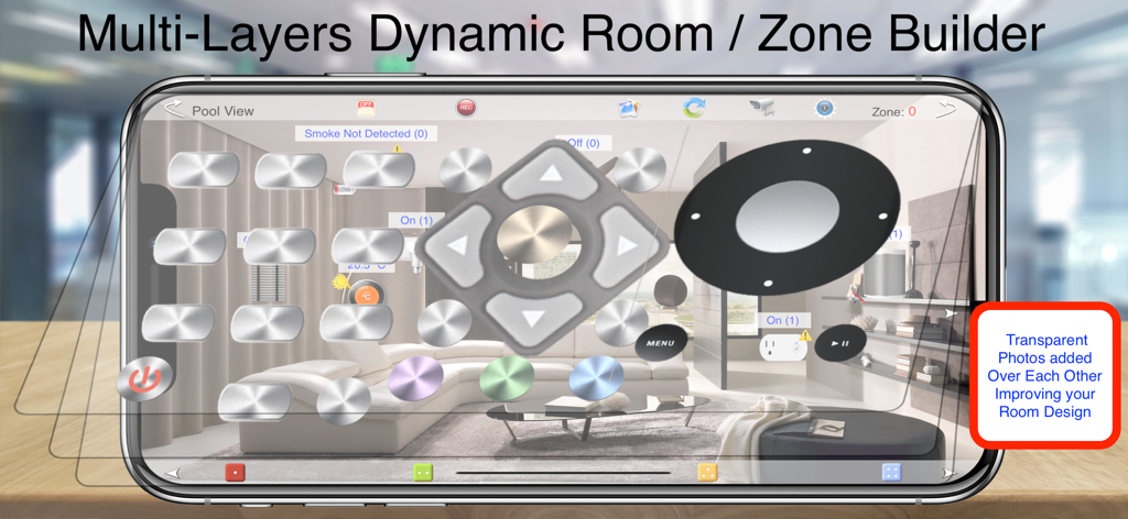 Smartphone display showing the multi-layer dynamic room builder for custom smart home control