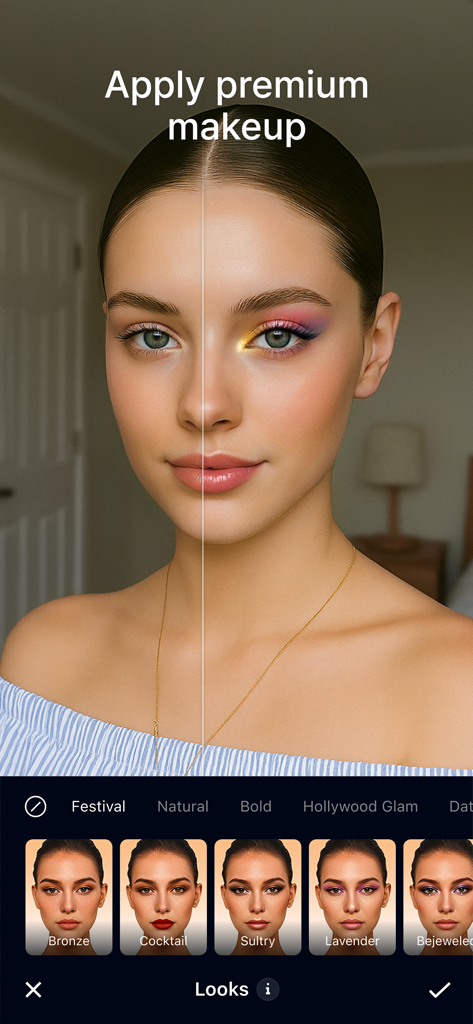 GlowUp 사진 편집기에서 페스티벌 메이크업 룩의 전후 비교