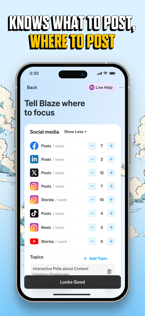 Blaze AI - Interface de l'application Blaze AI pour définir la fréquence de publication hebdomadaire sur plusieurs plateformes de médias sociaux