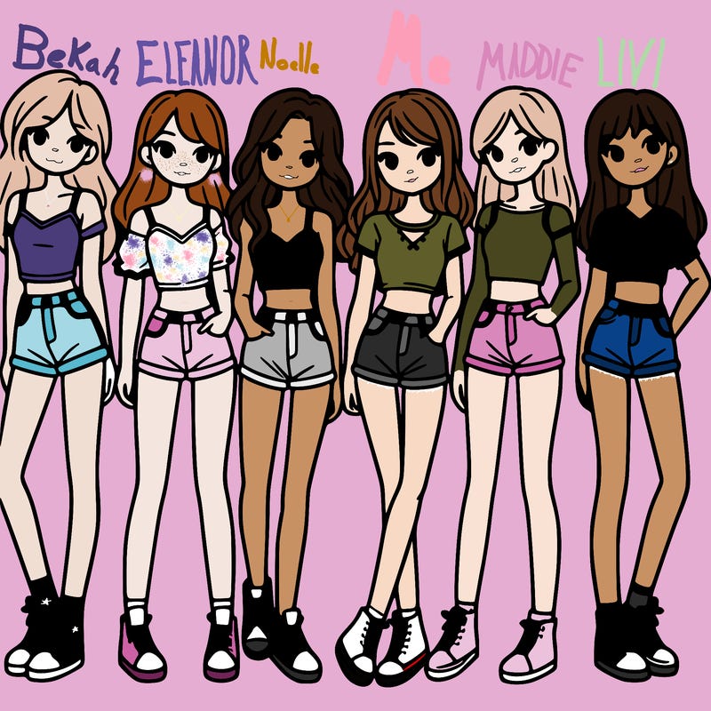 a group of girls wearing crop tops and shorts