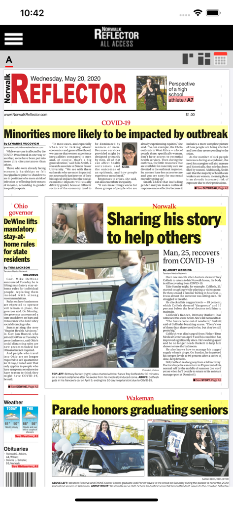 Digital replica of the Norwalk Reflector newspaper front page on a mobile app.