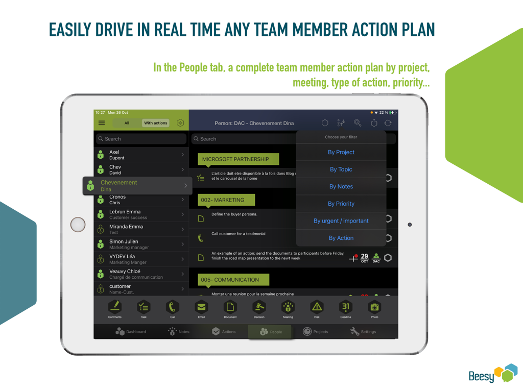 Beesy - Beesy iPad interface showing team member action plans and filtering options