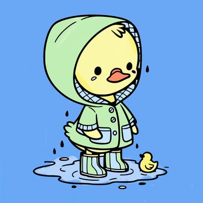 baby duck in a rain coat and boots, in a puddle while it’s raining