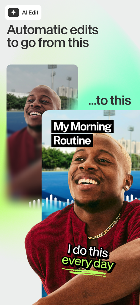 VEED Shorts: AI videos - A before and after comparison of a raw video clip transformed into a polished social media video with AI captions and titles