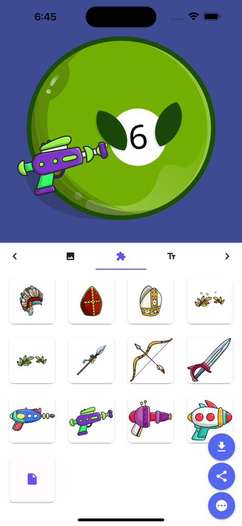 Interface do aplicativo Countryballs Stickers mostrando um personagem de bola verde sendo personalizado com uma pistola de raios e um menu de acessórios de armas e chapéus