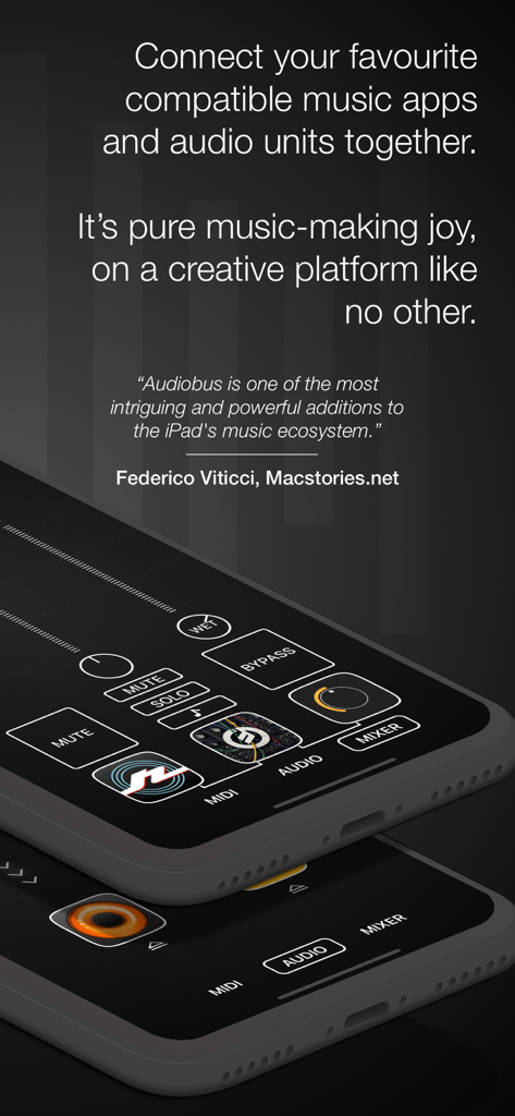 Audiobus app interface on a mobile device showing the mixer and routing features for music production apps.