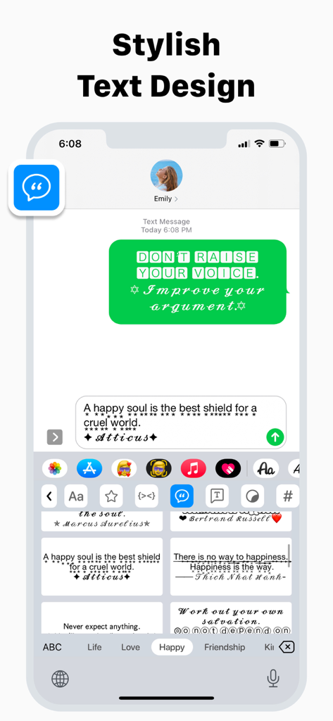 Keyboard Fonts & Emoji Maker - iPhone screen displaying stylish text designs and decorative font options within a custom messaging keyboard