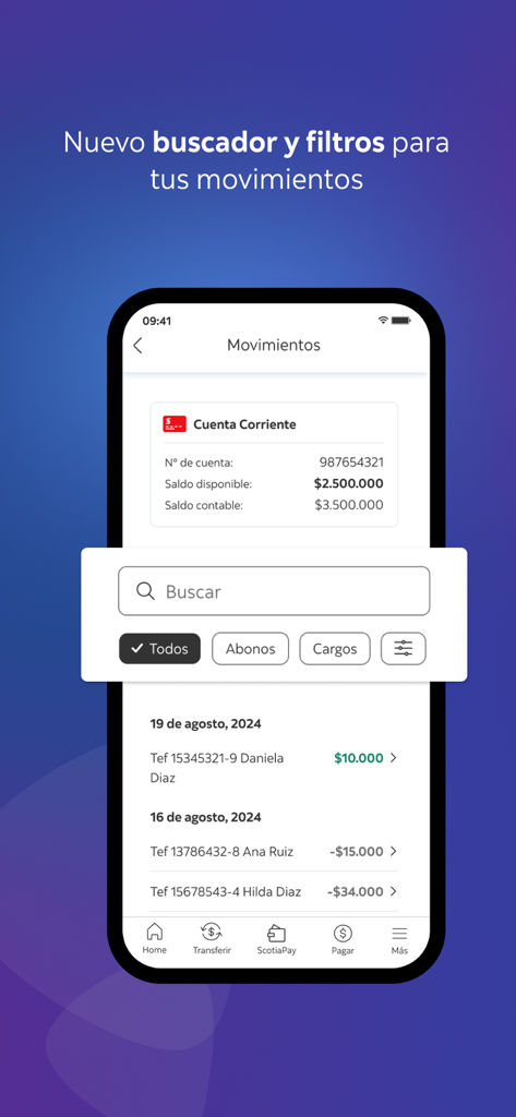 App Scotia - Interface do aplicativo móvel Scotia GO exibindo opções de busca e filtro de transações para uma conta bancária