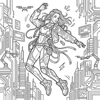 Leap into a futuristic world with this electrifying cyberpunk dancer coloring page, showcasing dynamic motion and intricate techwear. Explore a vibrant urban landscape filled with circuit patterns and high-tech flair, perfect for imaginative artists.