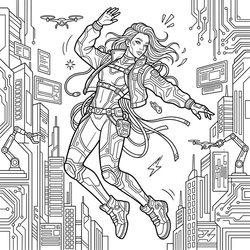 Leap into a futuristic world with this electrifying cyberpunk dancer coloring page, showcasing dynamic motion and intricate techwear. Explore a vibrant urban landscape filled with circuit patterns and high-tech flair, perfect for imaginative artists.