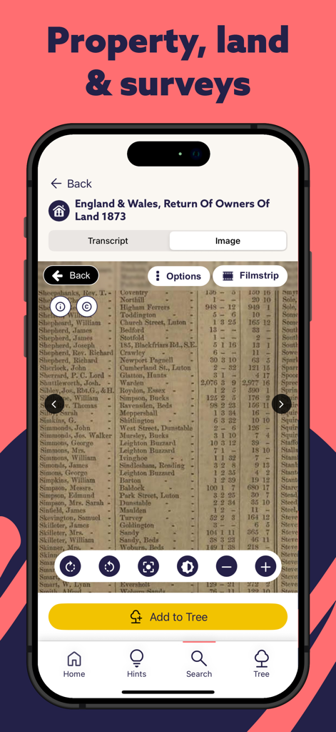 Findmypast - A digitized historical land ownership document from 1873 displayed in the Findmypast genealogy app