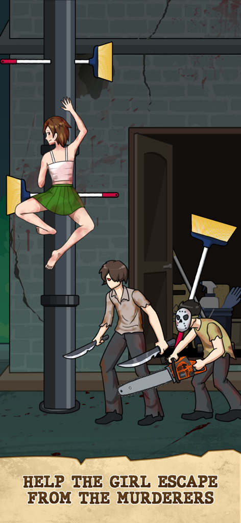 Nightmare Story: Tricky Quest - A girl climbing a pole to escape from murderers in the Nightmare Story Tricky Quest game.