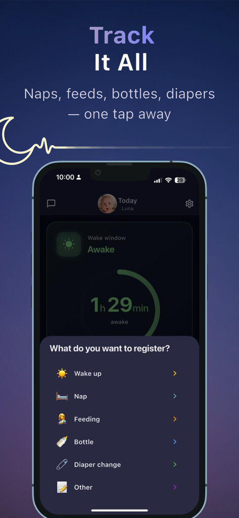 Nana: Baby Sleep Coach - A mobile interface for Nana Baby Sleep Coach app displaying a menu to register baby activities like naps feeds and diaper changes