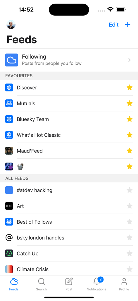 Graysky, a Bluesky client - User interface of the Graysky app showing a list of social media feeds including Following and Favourites