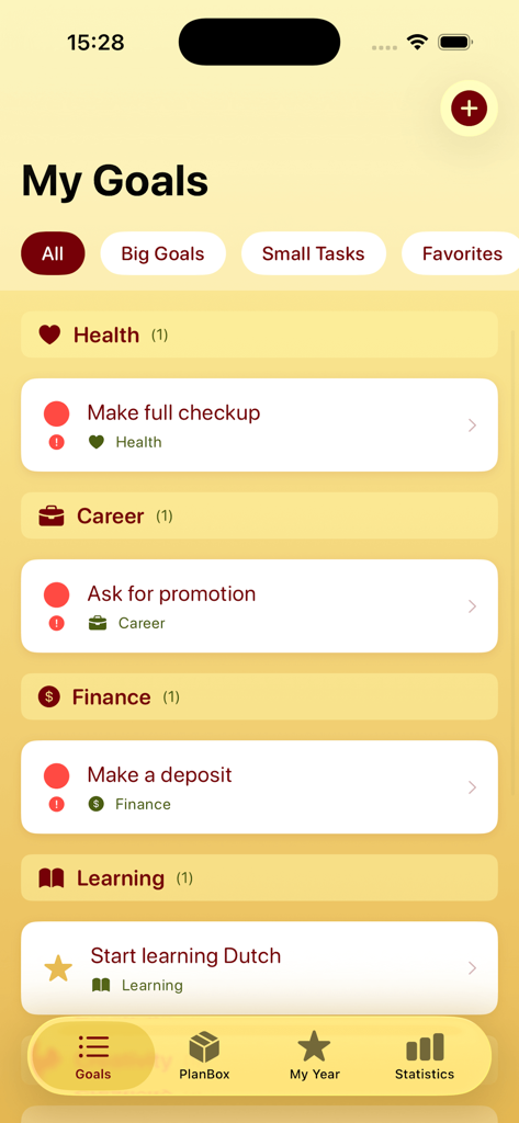 Una acogedora interfaz de aplicación móvil que muestra una lista de objetivos personales categorizados que incluyen salud, carrera y finanzas