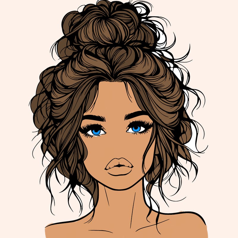 realistic girl with messy bun and lips