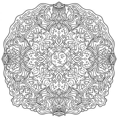 Embark on a mesmerizing coloring journey with this psychedelic night-time mandala. Its intricate patterns, stars, and moon motifs invite you to explore a surreal dreamscape with your colors.