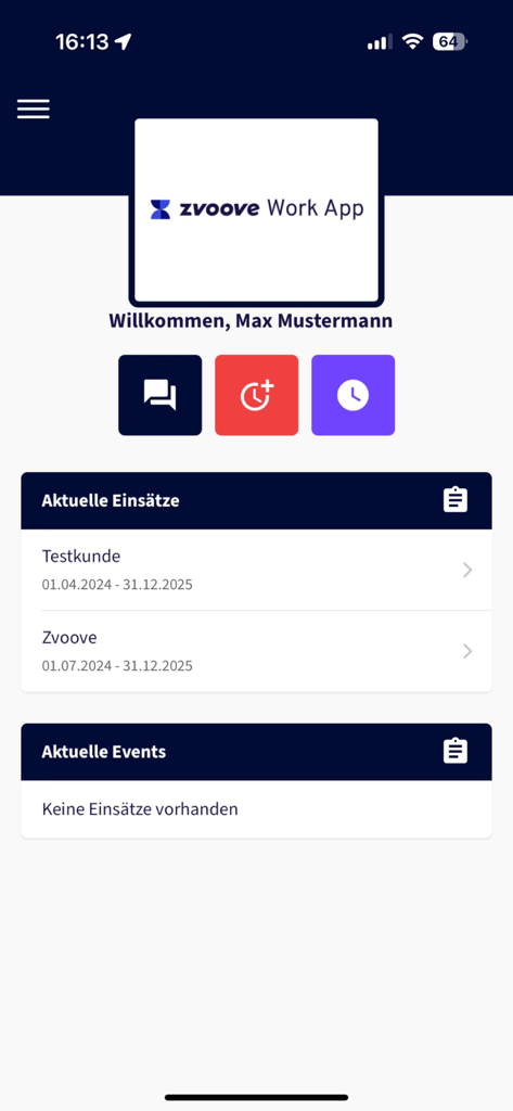 zvoove Work - Mobiles Dashboard der zvoove Work App mit Mitarbeiterzuweisungen und Schichtplänen